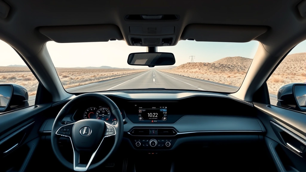 Modern sedan dashboard with digital instrument cluster, panoramic windshield view of open road, minimalist interior design with premium materials