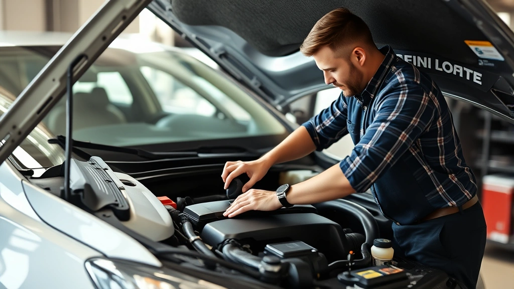 Modern car owner performing routine maintenance check under vehicle hood, professional but accessible environment, checking fluid levels and engine components, natural daylight illumination