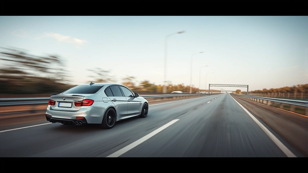 Performance sedan driving dynamic scene, motion blur background, sharp focus on vehicle, professional automotive photography, daylight conditions, empty highway