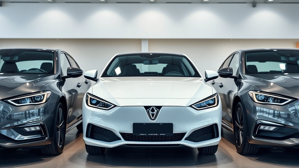 Three modern sedans lined up side-by-side in contemporary automotive showroom setting, professional lighting emphasizing different color finishes and design proportions
