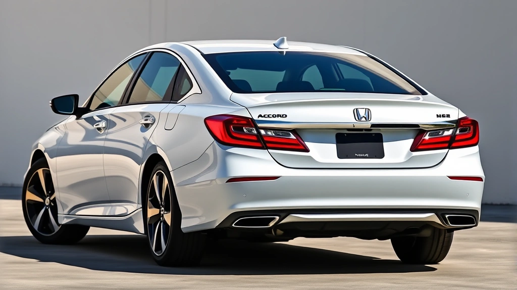 Honda Accord turbocharged sedan rear three-quarter view, modern sedan proportions, refined design language, daylight professional photography, automotive magazine quality, contemporary styling, neutral environment