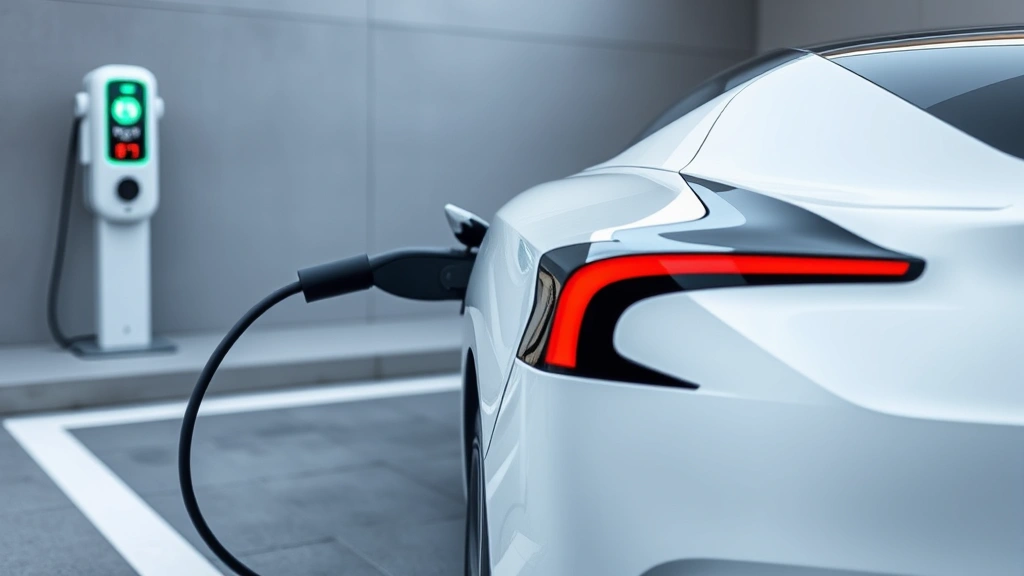 Modern electric sedan charging at fast-charging station, sleek design profile, minimalist technology-focused composition with contemporary styling