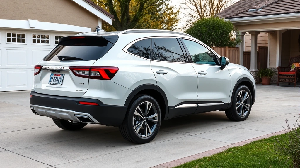 Three-row family SUV crossover in pearl white photographed from three-quarter angle in suburban driveway setting