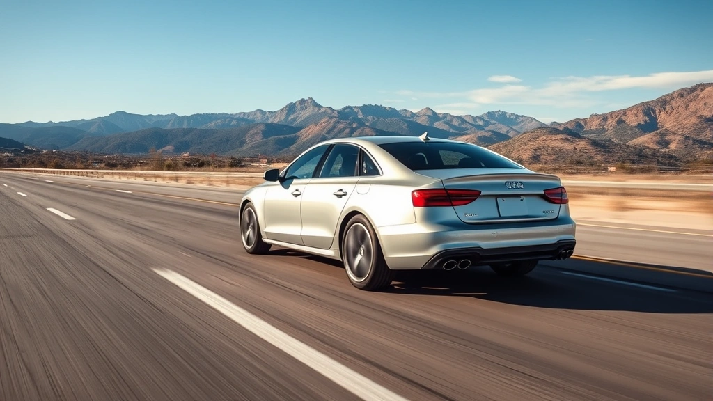 Action shot of sedan driving on open highway with mountains in background, dynamic motion capture, clear sunny day, professional automotive photography, sedan in motion showing handling capability