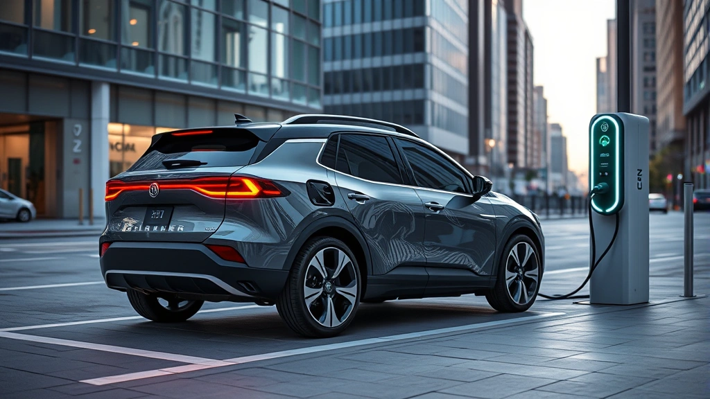 Compact electric SUV charging at modern public charging station, futuristic minimalist design, LED charging indicator glowing, urban downtown setting, contemporary architecture, clean composition
