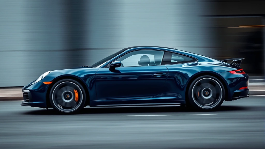 Porsche 911 Carrera sports car in profile view, midnight blue color, aggressive stance, professional automotive photography, blurred background emphasizing speed
