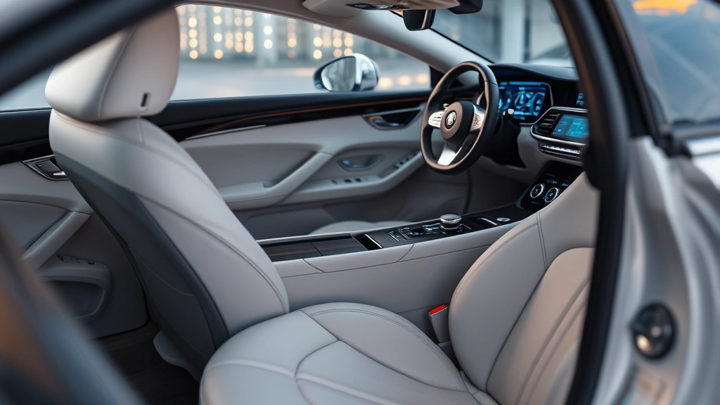 White premium sedan interior detail showing leather seats, steering wheel, and dashboard technology with ambient lighting, premium materials visible, modern infotainment screen, luxury automotive cabin photography