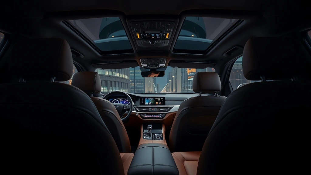 Luxury sedan interior showing premium leather seats, ambient lighting, advanced infotainment display, refined minimalist design