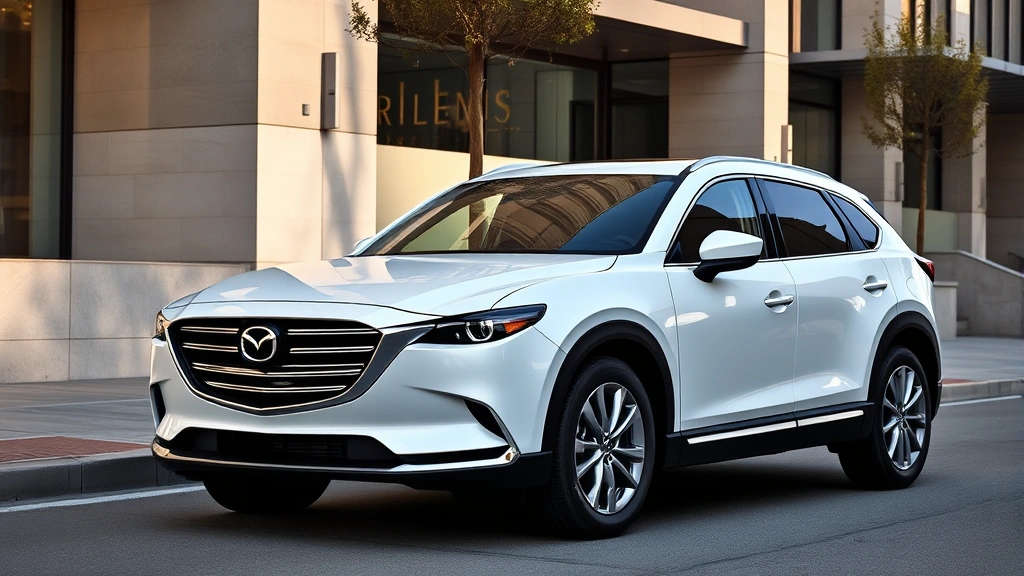 Mazda CX-90 premium crossover SUV parked in upscale urban setting with modern architecture, refined styling, natural daylight, three-quarter front perspective, luxury automotive photography