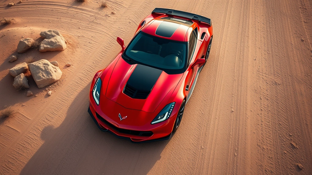 Chevrolet Corvette Z06 red sports car overhead view in desert landscape, carbon fiber details visible, dramatic lighting emphasizing aerodynamic design