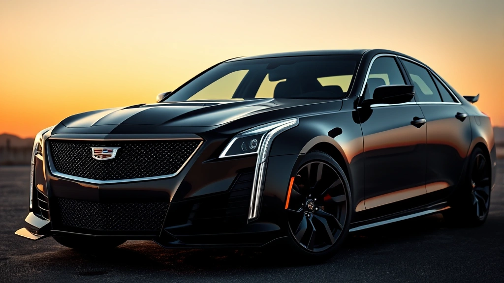 Cadillac CT5-V Blackwing in gloss black, aggressive front-quarter angle highlighting performance sedan stance, muscular body lines, American performance car styling, dramatic automotive photography