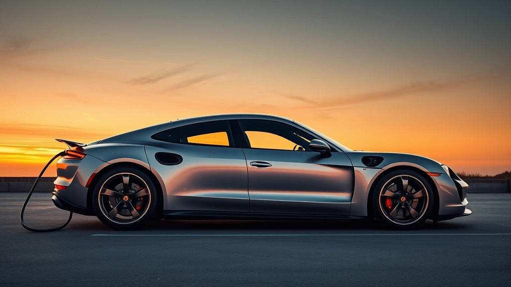 Porsche Taycan sports sedan in profile view with charging cable connected, sunset lighting, luxury electric vehicle, professional studio-quality automotive imagery
