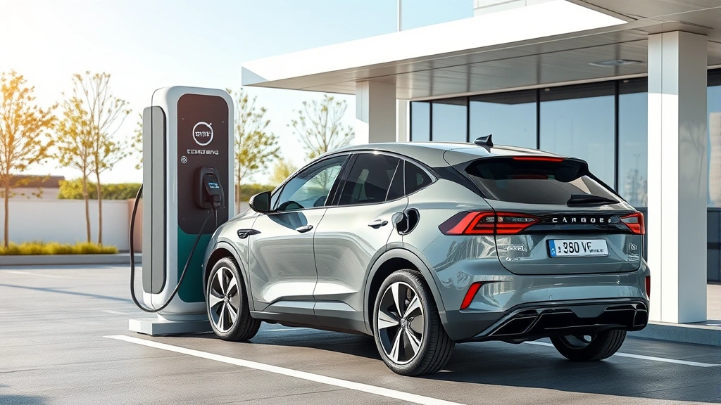 Modern electric vehicle charging at contemporary charging station with futuristic design, clean environment, sustainable technology emphasis, professional automotive imagery, daylight