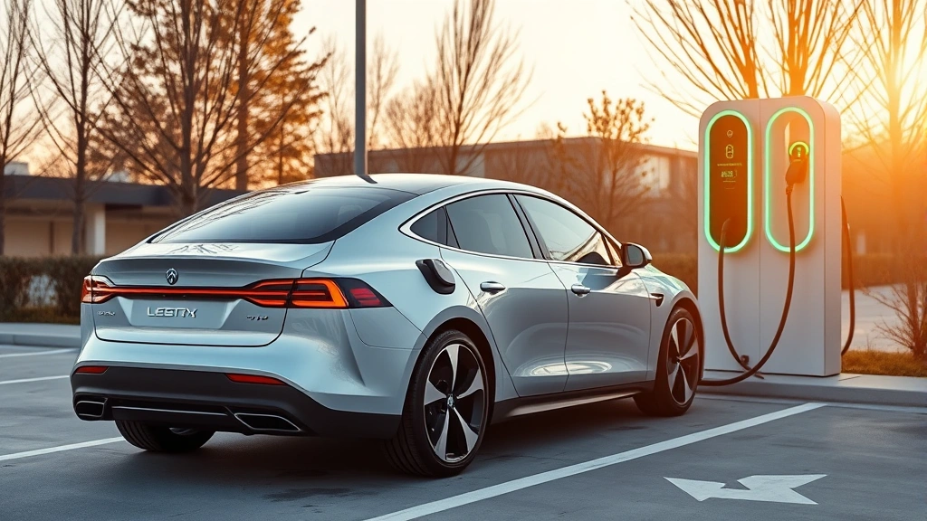 Electric sedan charging at modern fast-charging station, futuristic design, clean energy aesthetic, vehicle plugged into charging equipment, contemporary infrastructure setting
