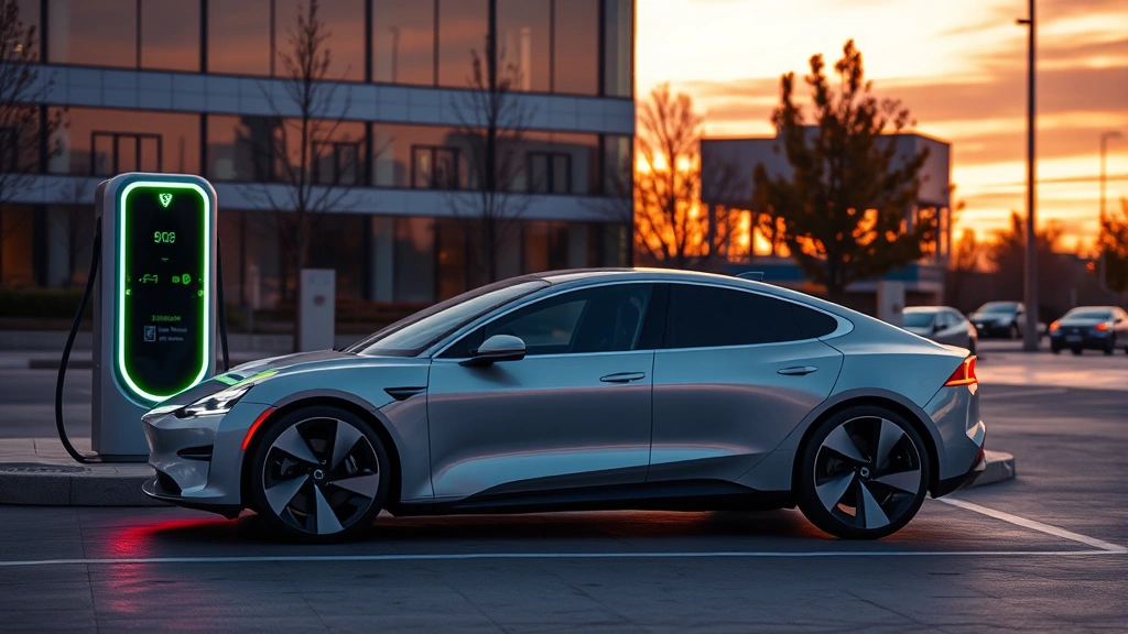 Modern electric sedan charging at DC fast charger station at sunset, futuristic design highlighting smooth curves, LED lighting elements glowing, contemporary urban setting with clean architecture