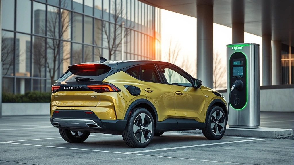 Compact electric SUV charging at modern charging station, contemporary urban environment, clean minimalist design, forward-facing angle