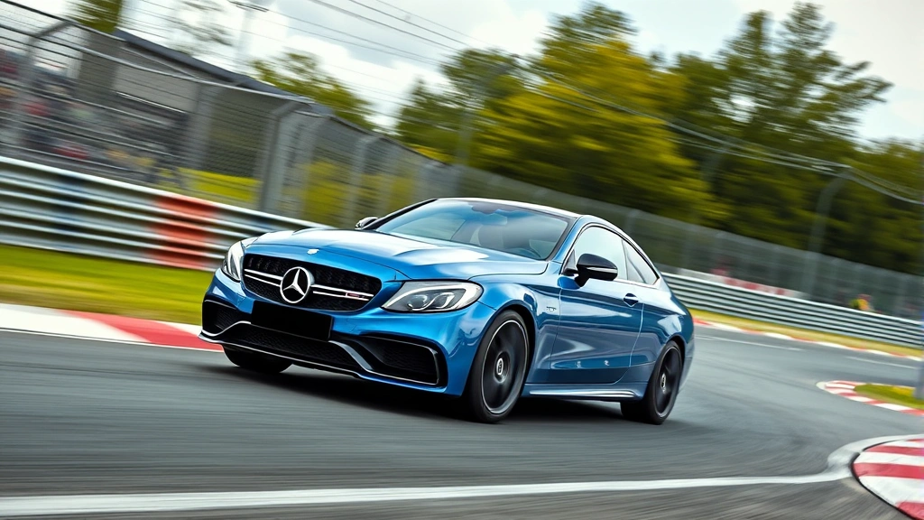 Dramatic high-speed action shot of a metallic blue Mercedes-AMG C63 S E Performance cornering through a professional racing circuit, precision driving motion blur background