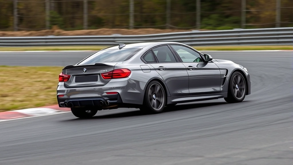 High-performance sedan executing tight corner on race track, tires gripping asphalt, suspension compressed, showcasing driving dynamics and handling precision in controlled environment