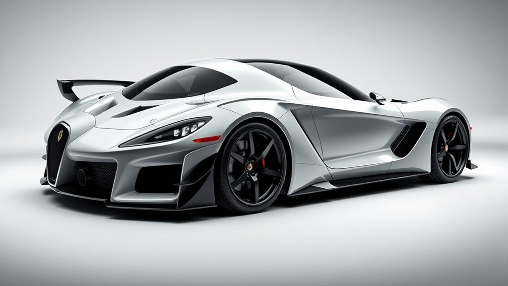 High-performance sports car in dynamic three-quarter view, powerful muscular stance, aggressive aerodynamic bodywork, professional motorsport-inspired design, dramatic studio lighting highlighting curves