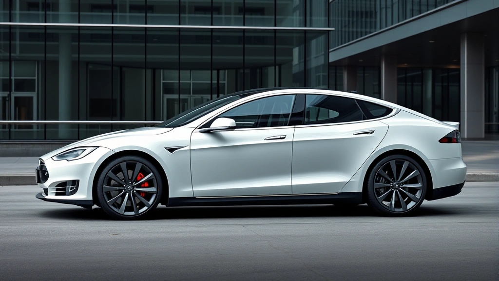 Tesla Model S Plaid in pearl white multi-coat, photographed in a modern urban environment with glass and steel architecture in background, showcasing minimalist design, flush door handles, and futuristic stance