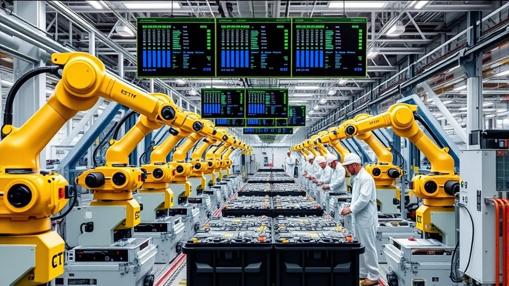 A manufacturer's modern electric vehicle production facility with robotic arms assembling battery packs, clean industrial environment with workers in protective gear and digital monitoring displays overhead