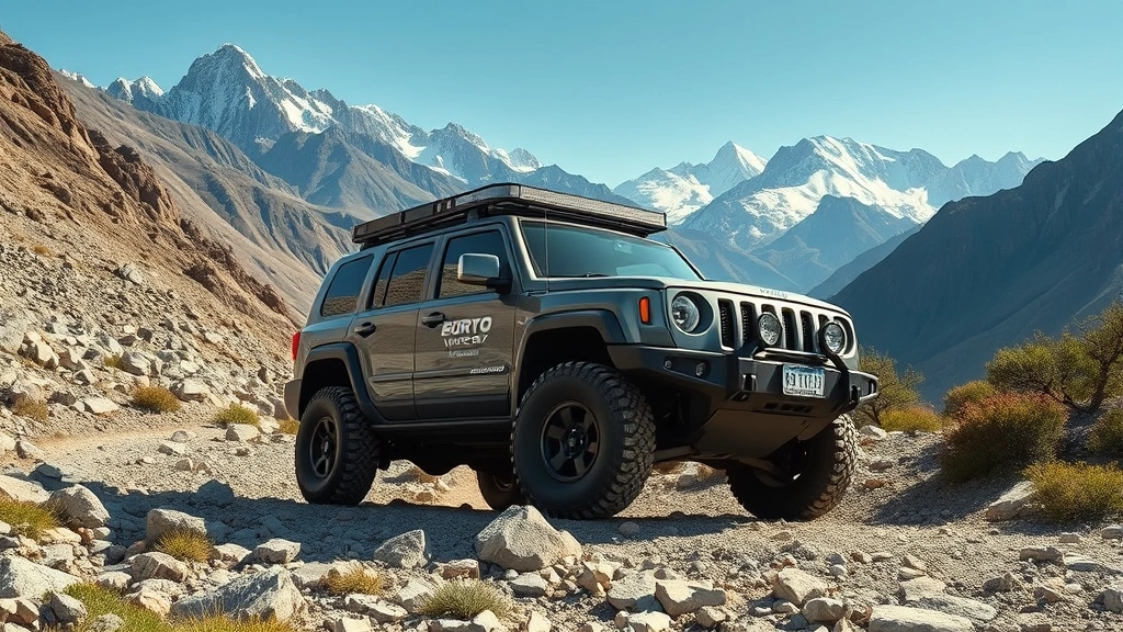 Rugged full-size SUV on rocky mountain trail with dramatic peaks in background, three-quarter view showing aggressive stance and capable suspension, adventure lifestyle photography capturing off-road capability and outdoor exploration theme