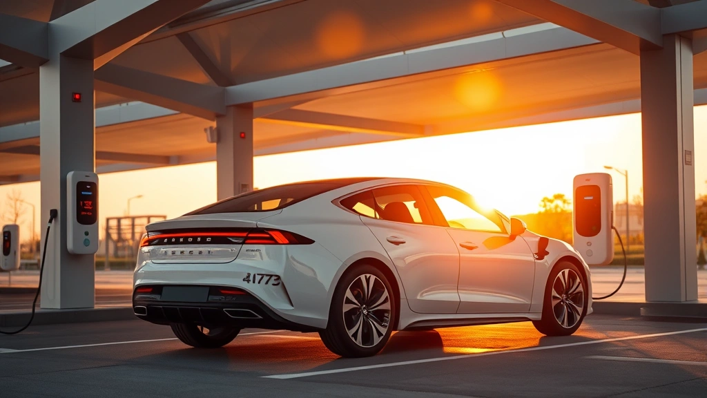 Electric sedan charging at modern station during golden hour, sleek design emphasizing aerodynamics, minimalist styling, contemporary automotive infrastructure, sustainable mobility concept