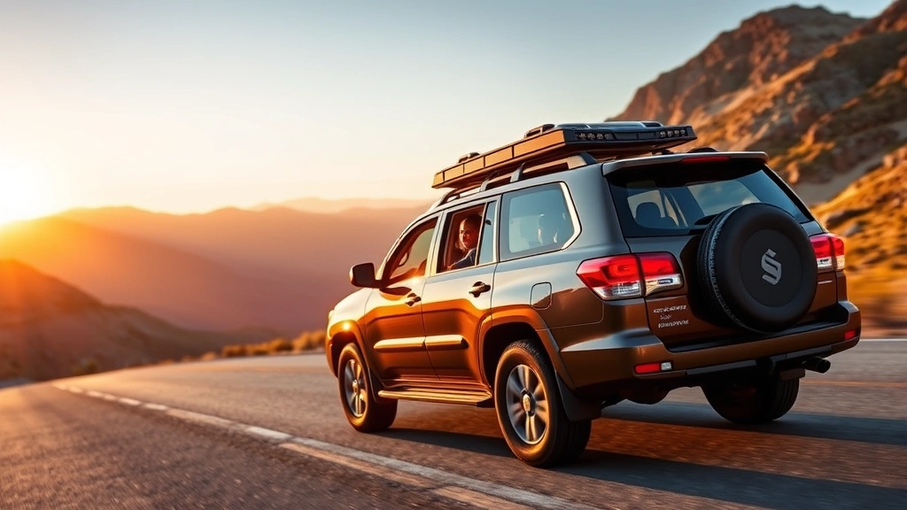 Adventurous family SUV on scenic mountain road, all-wheel-drive capability emphasized, warm golden hour sunlight, three passengers visible through windows, dramatic landscape background