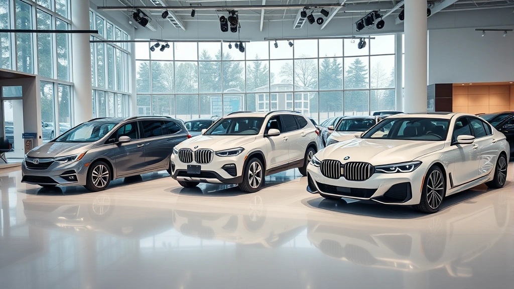 Diverse lineup of 2024 vehicles including Honda Odyssey minivan, Toyota Tundra truck, and BMW 7 Series luxury sedan arranged in modern dealership showroom, professional automotive studio setting