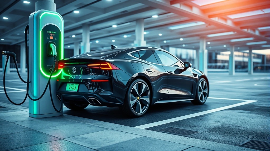 Electric performance vehicle charging at high-speed station, vibrant charging indicator illuminated, sleek aerodynamic profile visible, modern infrastructure background, emphasizing cutting-edge automotive technology and sustainability