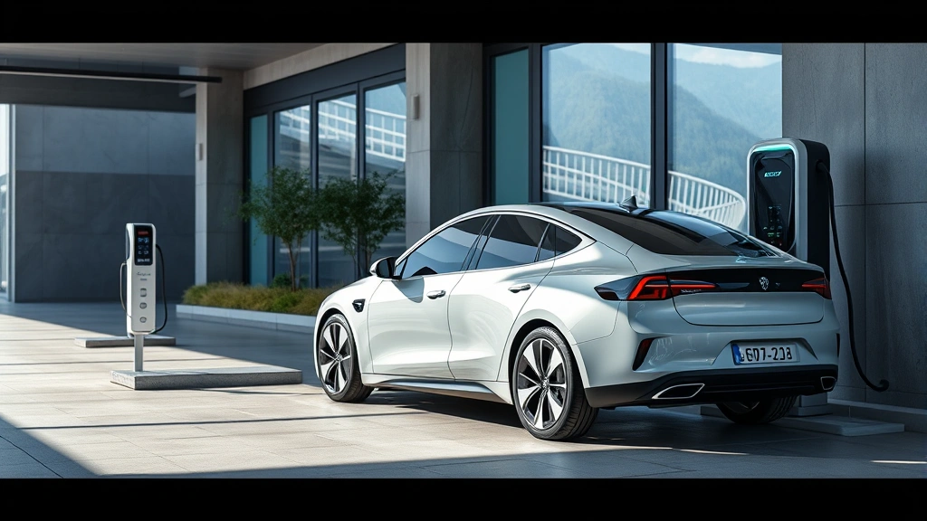 Modern electric sedan charging at contemporary charging station with futuristic design elements and natural daylight