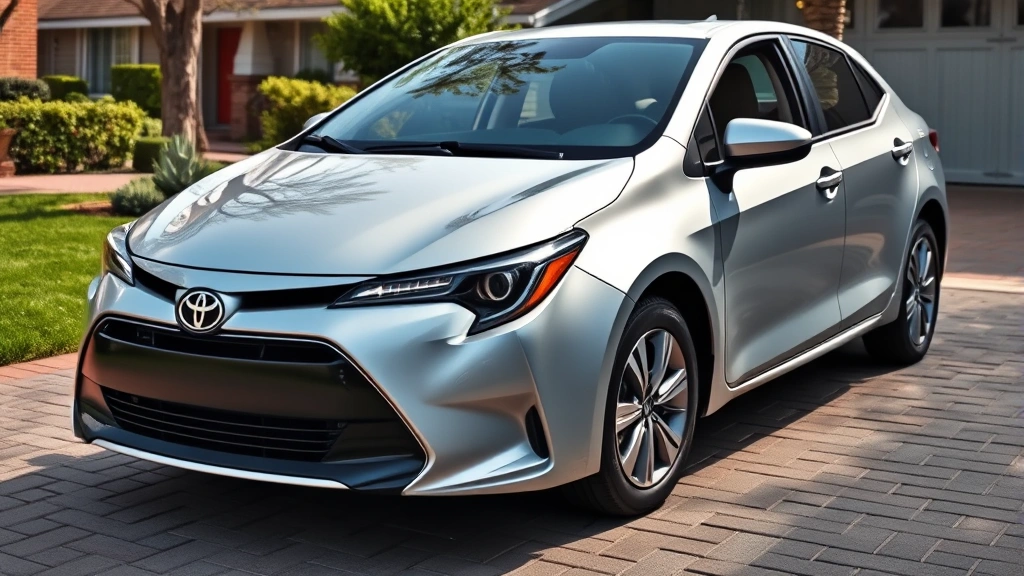 Toyota Corolla compact sedan in silver metallic, photographed in suburban driveway environment showing everyday practicality, clean design, family-friendly appearance, natural daylight