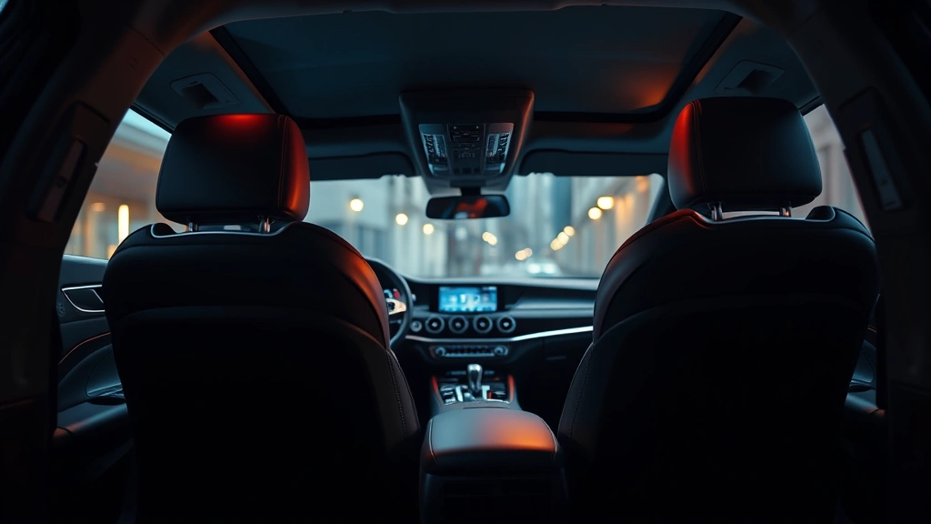 Luxury sedan interior detail showing premium leather seats, ambient lighting with warm glow, modern infotainment screen, steering wheel visible, soft focus cabin ambiance