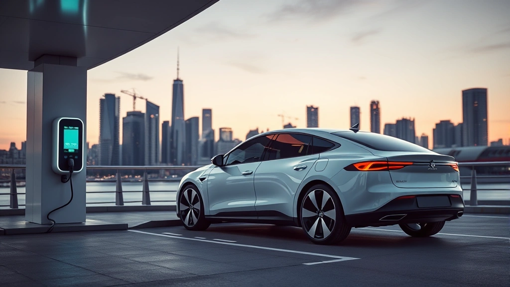 Futuristic electric sedan charging at modern station with city skyline backdrop, clean minimalist design, evening lighting, contemporary automotive photography style