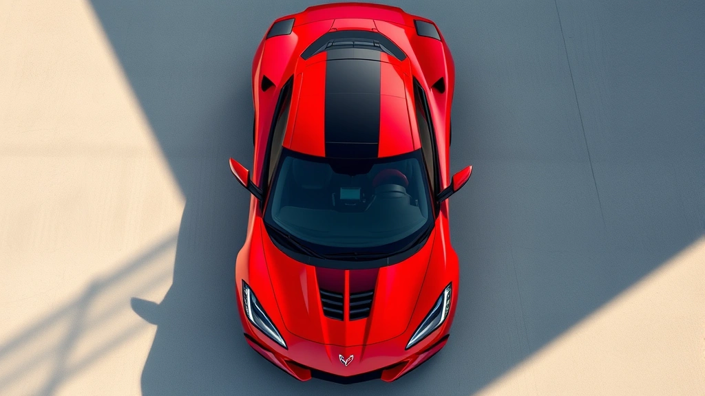 Chevrolet Corvette Stingray sports car from above highlighting mid-engine proportions, bright red color, distinctive body lines, aggressive aerodynamic elements, daylight photography, performance-focused design