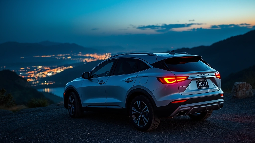 Luxury crossover SUV parked at mountain overlook with scenic landscape and professional automotive photography lighting