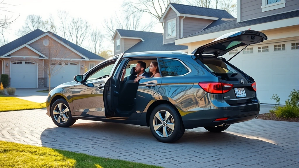 Family sedan parked in suburban driveway, welcoming design, natural daylight, spacious practical appearance