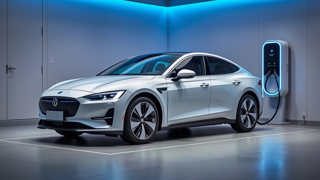 Electric sedan charging at modern charging station with blue ambient lighting, clean contemporary design, smooth curves and minimalist aesthetic, professional product photography