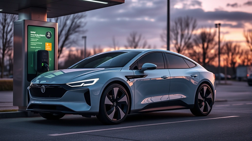 Modern electric sedan charging at public station with futuristic design elements, photographed at dusk with ambient lighting, showing aerodynamic profile and smooth surfaces