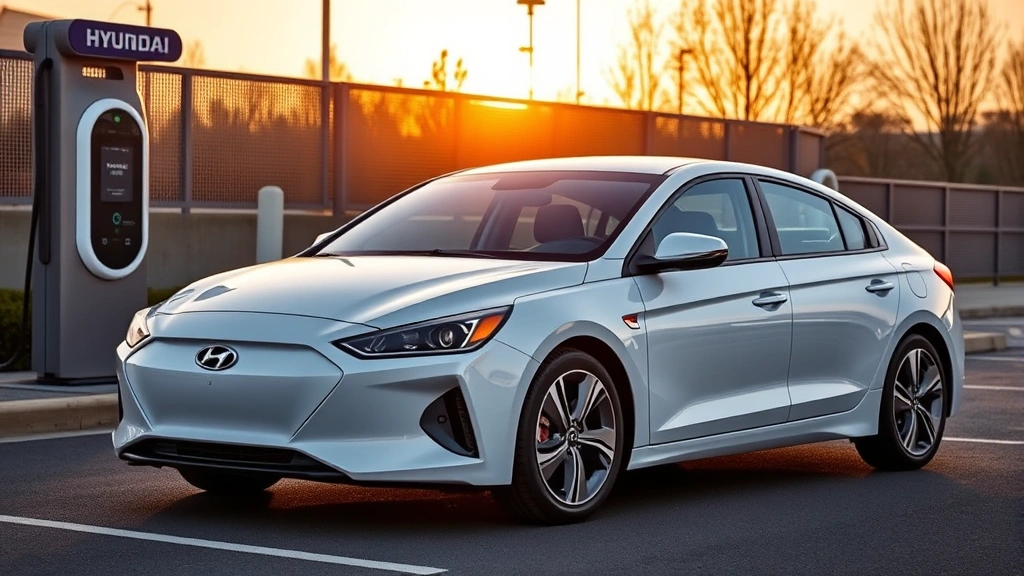 Front three-quarter view of a sleek white Hyundai Ioniq 6 electric sedan with aerodynamic bodywork, modern futuristic design, parked near contemporary charging station, sunset lighting