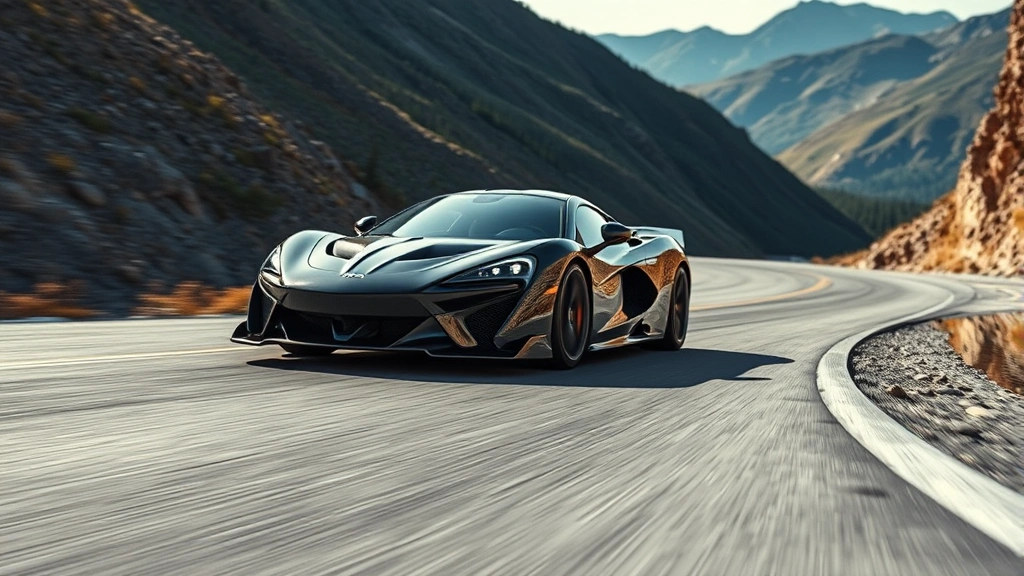 High-performance sports car on winding mountain road with dramatic curves, showcasing aggressive stance and aerodynamic design during dynamic driving moment