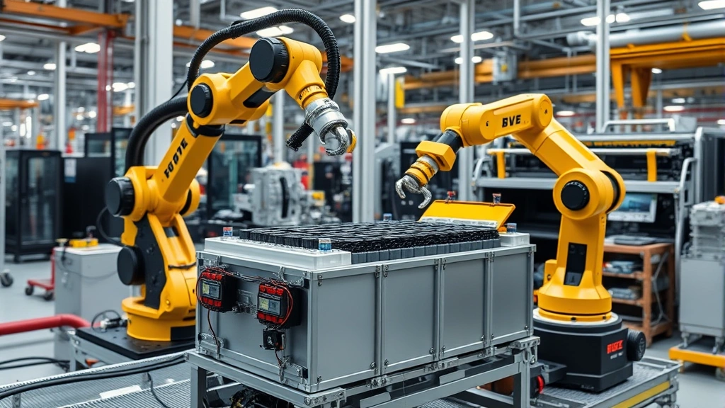 Manufacturing facility with robotic assembly line building electric vehicle battery pack, modern industrial environment, precision engineering showcase