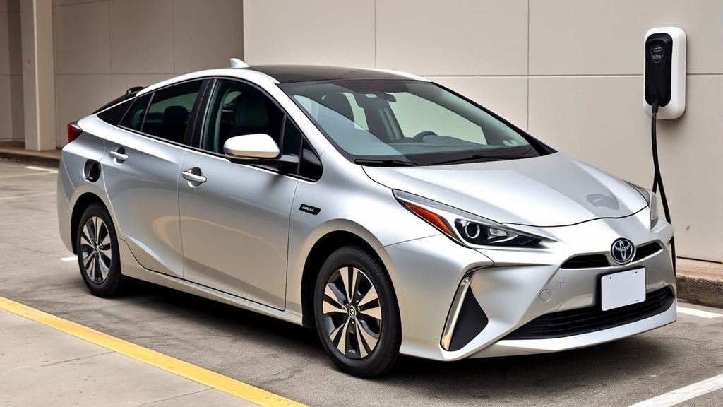 2024 Toyota Prius Prime plug-in hybrid in modern silver, photographed at a charging station with visible charging cable connected, showing contemporary styling, aerodynamic details, and practical compact dimensions