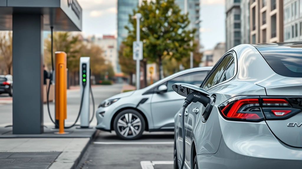 Electric vehicle charging at modern public charging station, daytime urban setting, sleek EV profile visible, contemporary infrastructure and clean energy theme