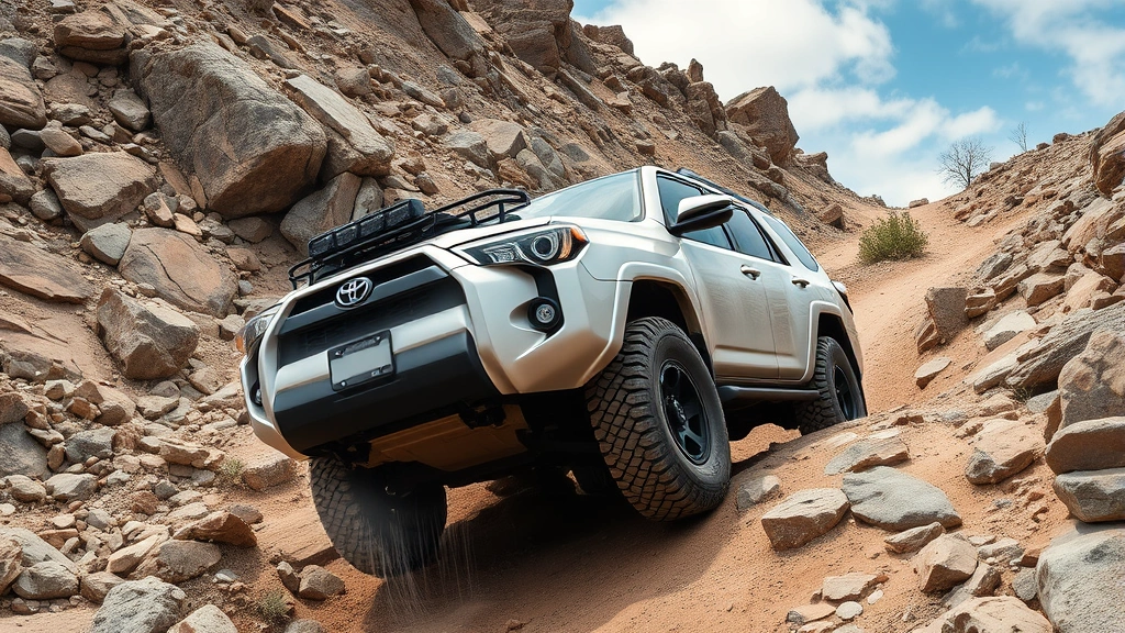Toyota 4Runner body-on-frame SUV navigating rocky mountain terrain with steep incline, demonstrating off-road capability and articulation, adventure photography