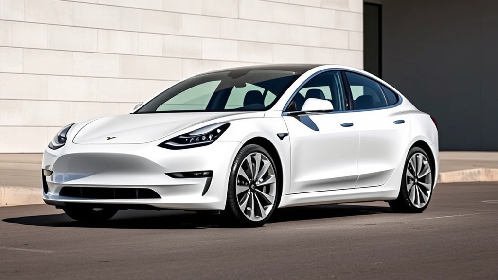 2024 Tesla Model 3 sedan white pearl paint, sleek aerodynamic profile, minimalist design, parked against modern architectural background, professional automotive photograph, natural daylight