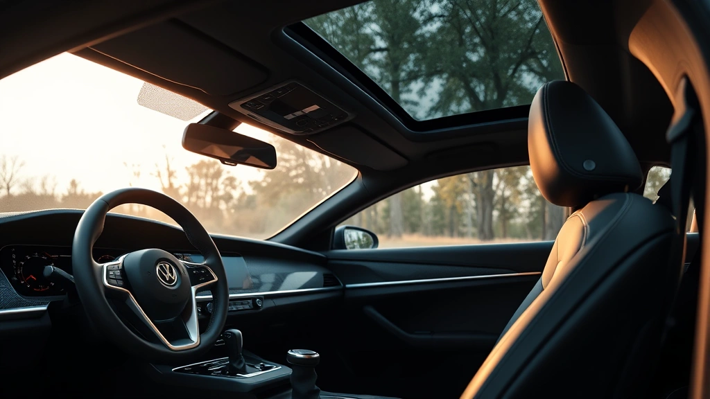 Luxurious sedan interior detail featuring leather-trimmed steering wheel, modern digital dashboard display, and panoramic sunroof with soft natural lighting
