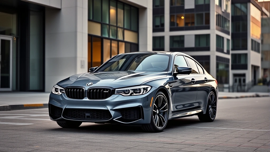 BMW M440i xDrive sedan parked in modern urban setting with contemporary architecture, emphasizing the vehicle's aggressive front grille and muscular stance