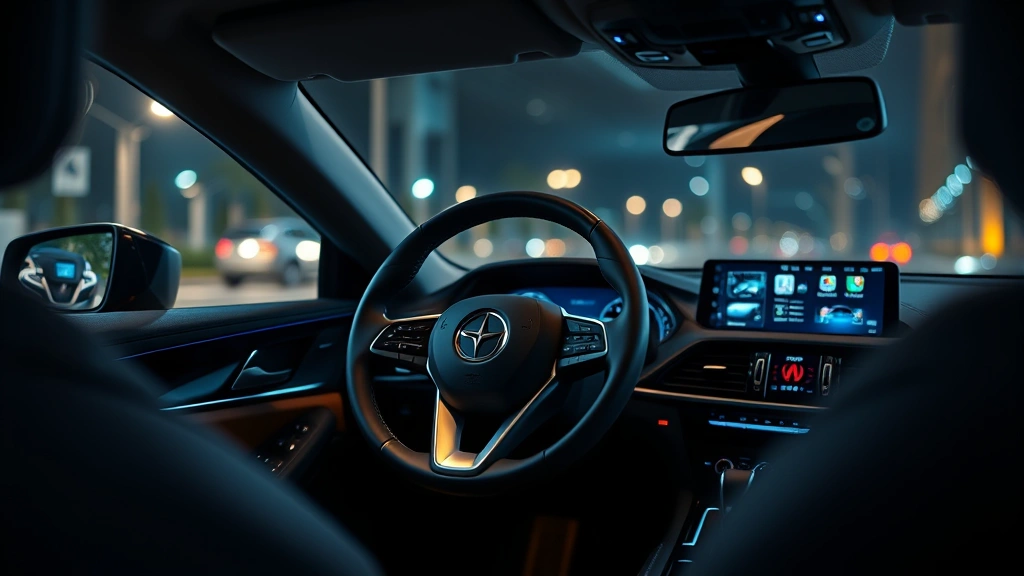 Modern interior dashboard of premium sedan showing leather steering wheel, illuminated infotainment screen, ambient lighting, close-up detail photography with shallow depth of field