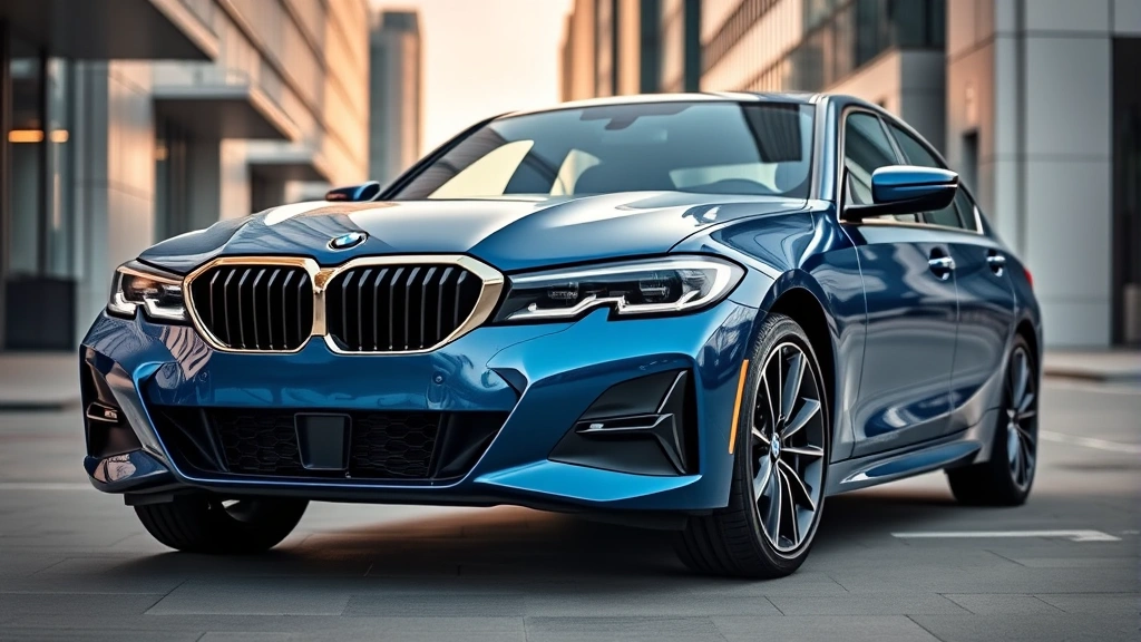 2024 BMW 3 Series luxury sedan front three-quarter view, metallic blue paint, aggressive styling, modern urban environment, professional product photography, sharp focus on design details and kidney grille
